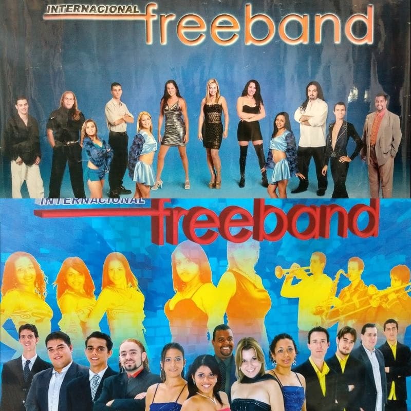 Cartaz da formação dos anos 2000 com naipe de metais, bailarinas e o logotipo Internacional Freeband