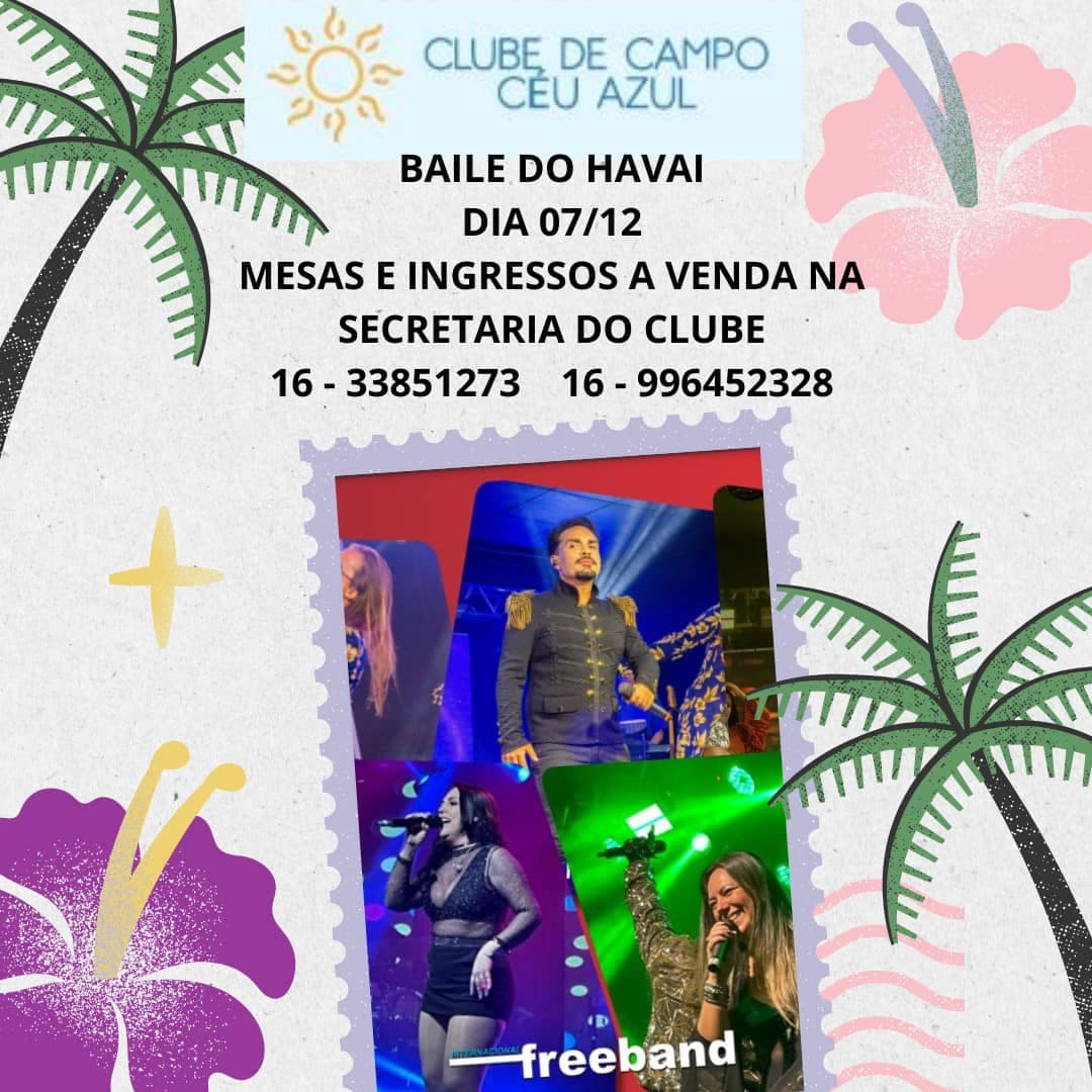 Cartaz do Baile do Havaí da Internacional Freeband no Clube de Campo Céu Azul